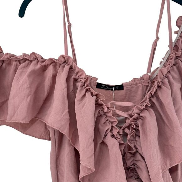 Pink Jumpsuit Off The Shoulder Ruffle Size M Lace Up V Neck Wide Leg Slit Boho - Picture 4 of 12